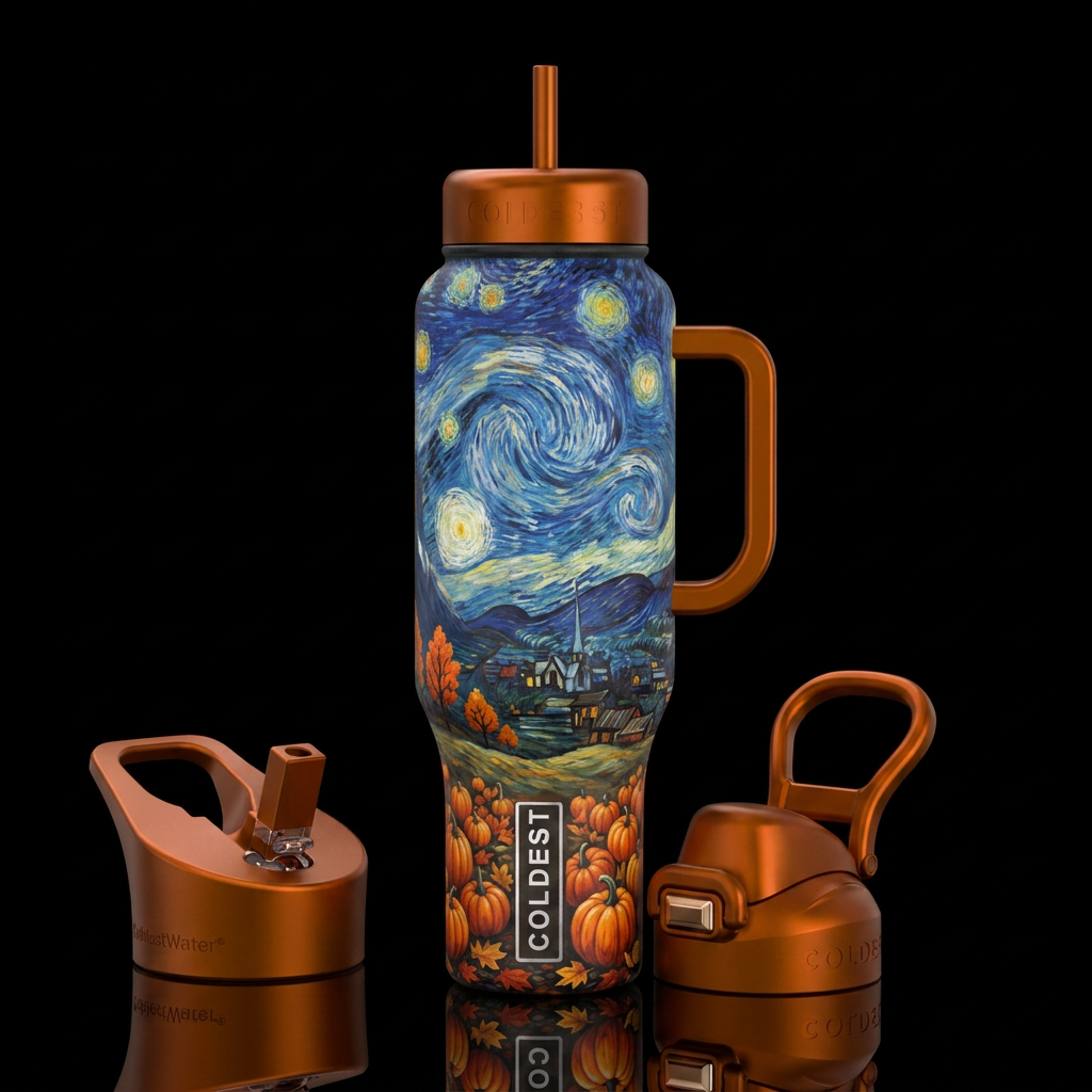 Starry night painting in the sky, mountains in the... water bottle design