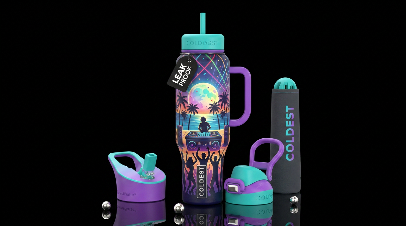 Beach, palm trees, silhouettes of people dancing, ... water bottle design