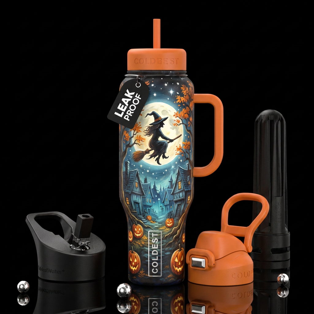 Witch flying over a village on a broom stick, tree... water bottle design