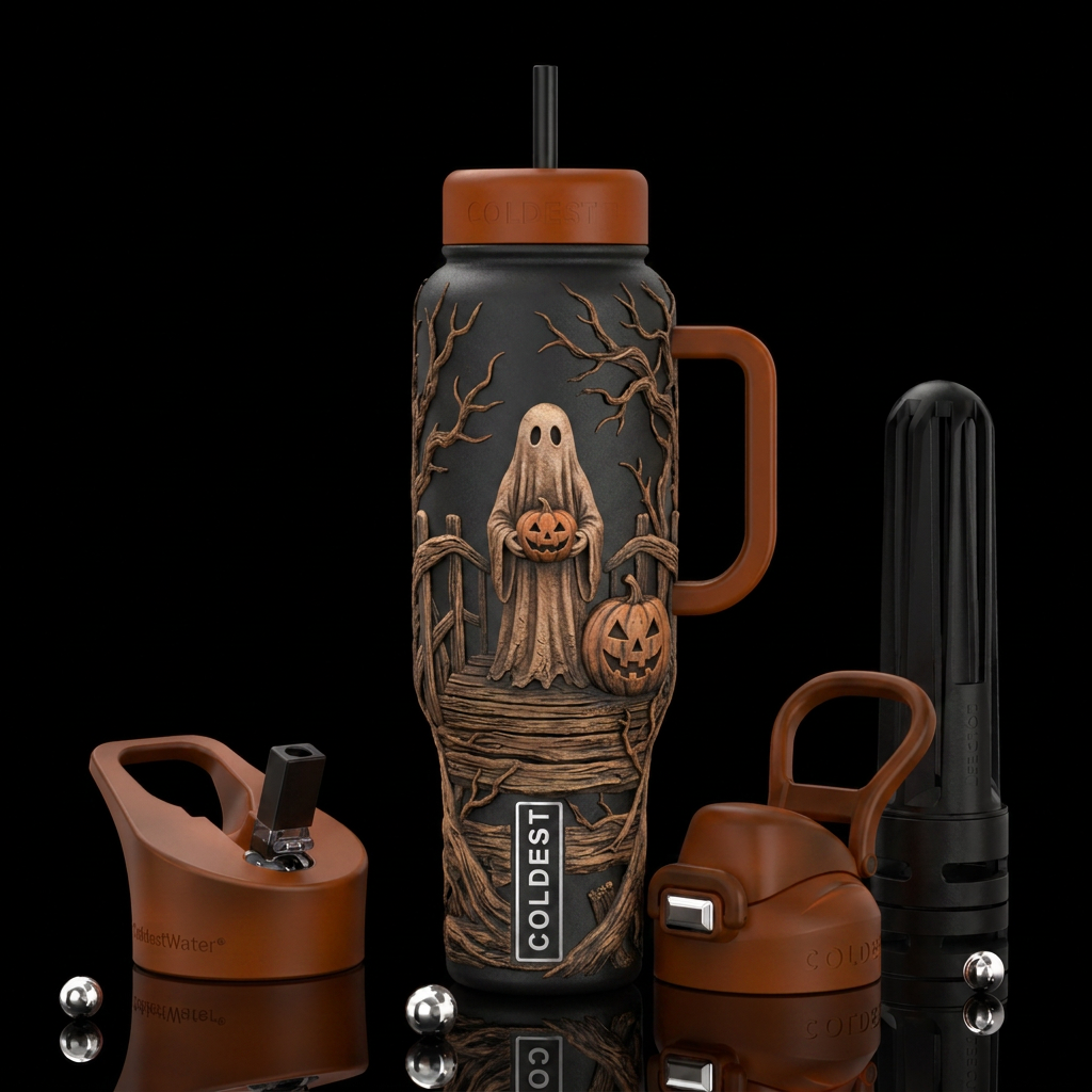Scary Fall scene, scary ghost standing on an old w... water bottle design