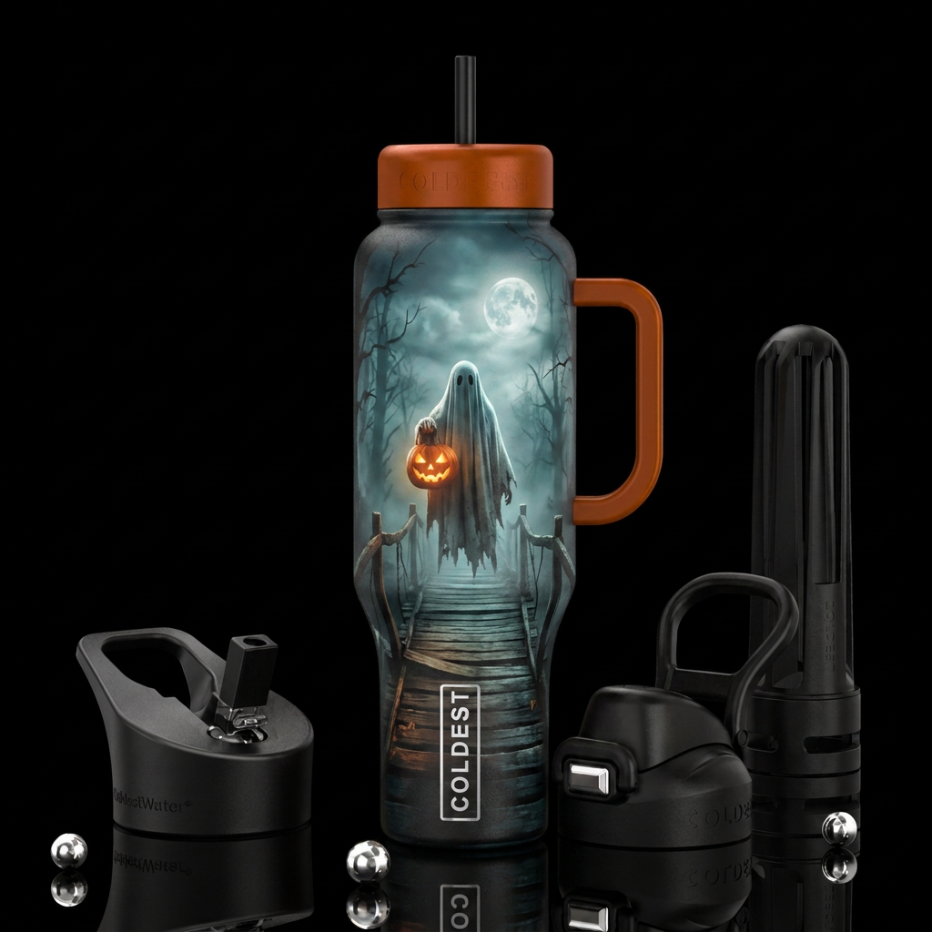Scary Fall scene, scary ghost standing on an old w... water bottle design
