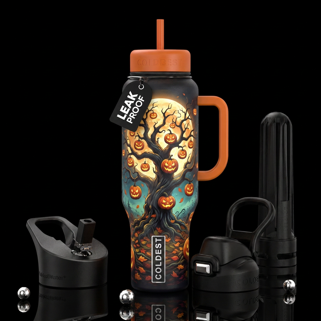Big scary tree with jack-o-lanters hanging from it... water bottle design