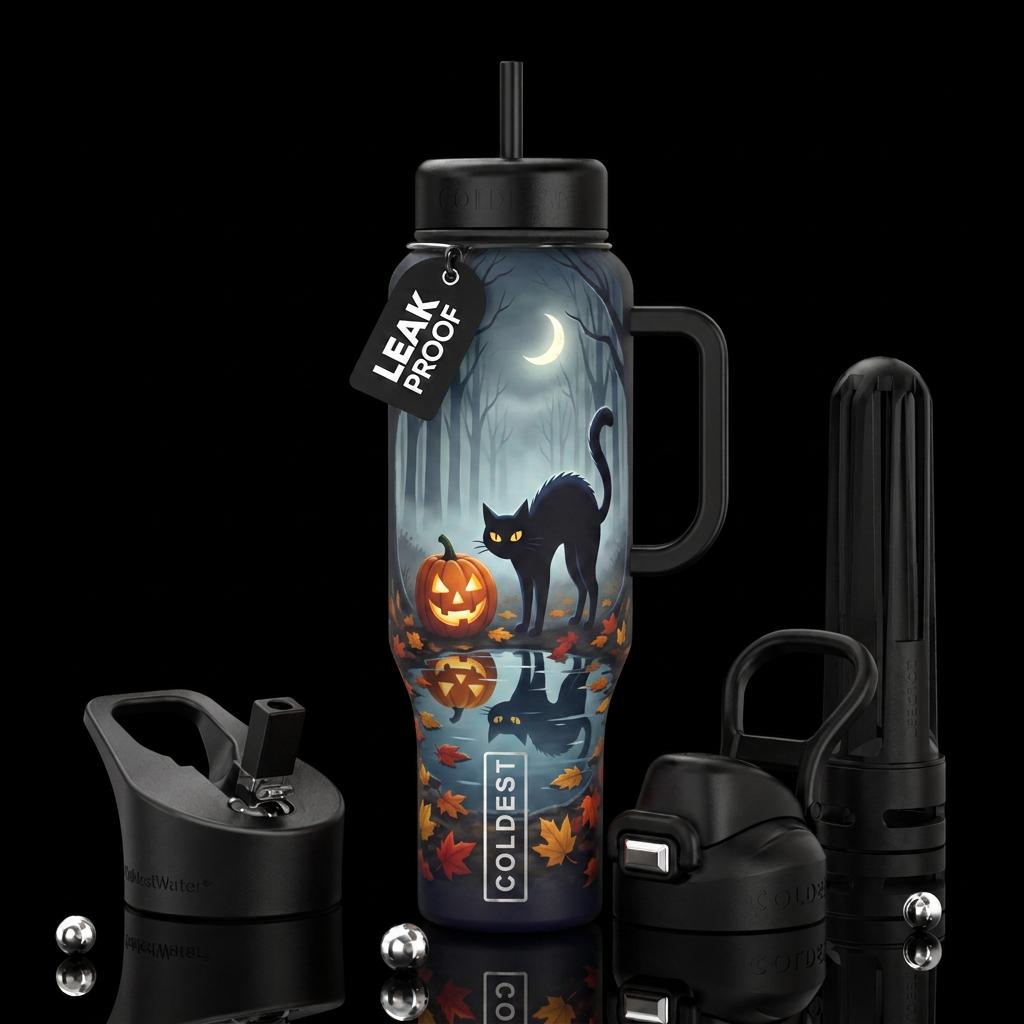 Cartoon Black cat standing next to a Jack-o-lanter... water bottle design
