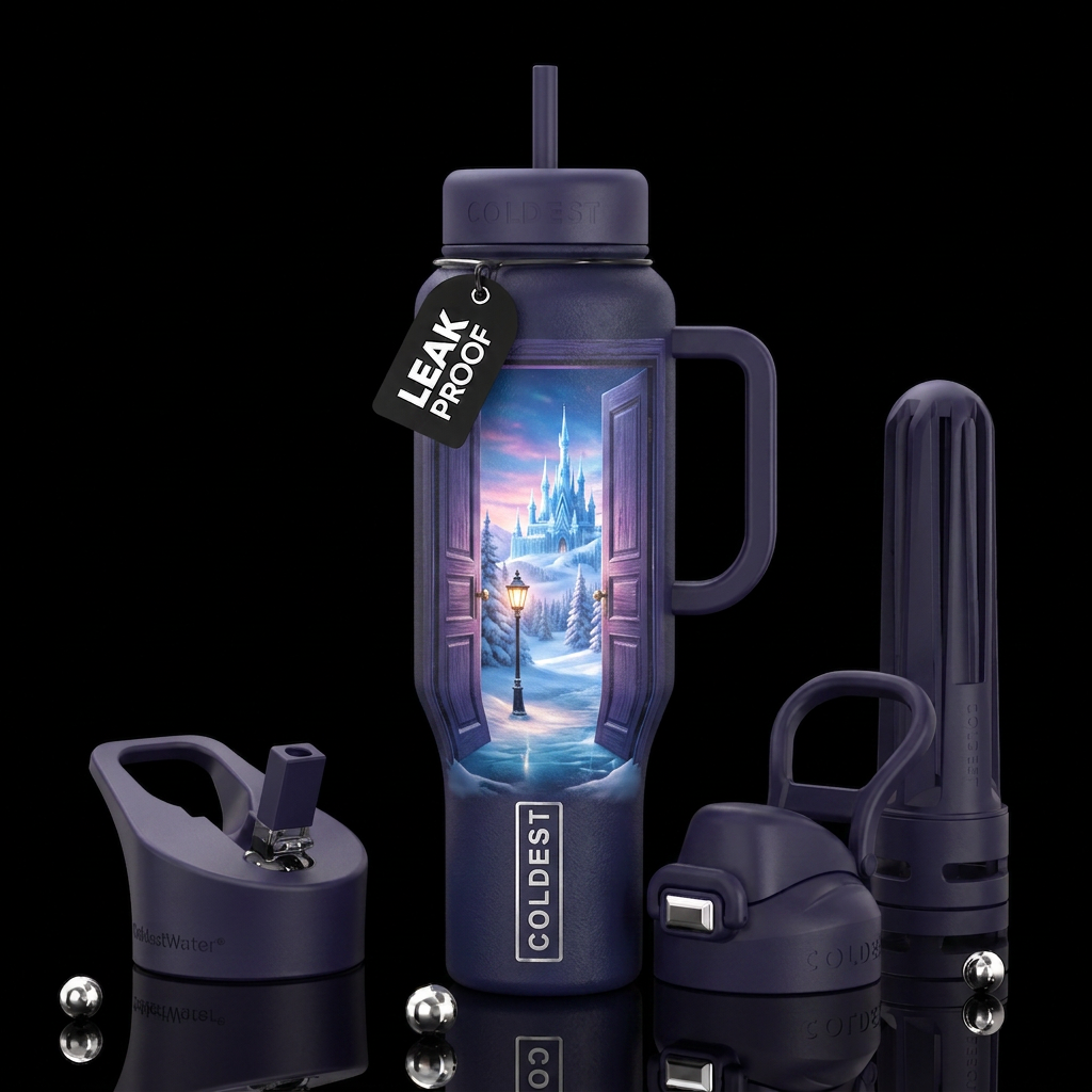 An open closet door with a magical world on the ot... water bottle design