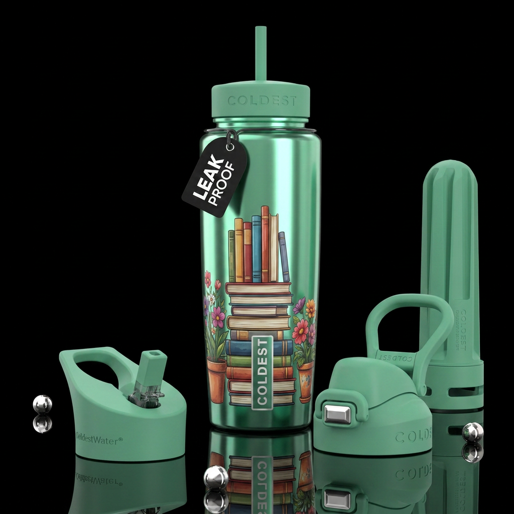 Dark Mint Green bottle, stack of books standing up... water bottle design