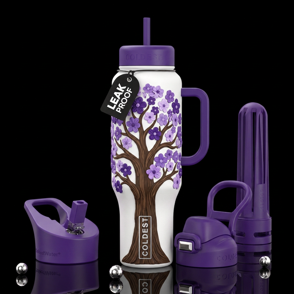 White bottle, tall thick brown tree trunk, brown b... water bottle design