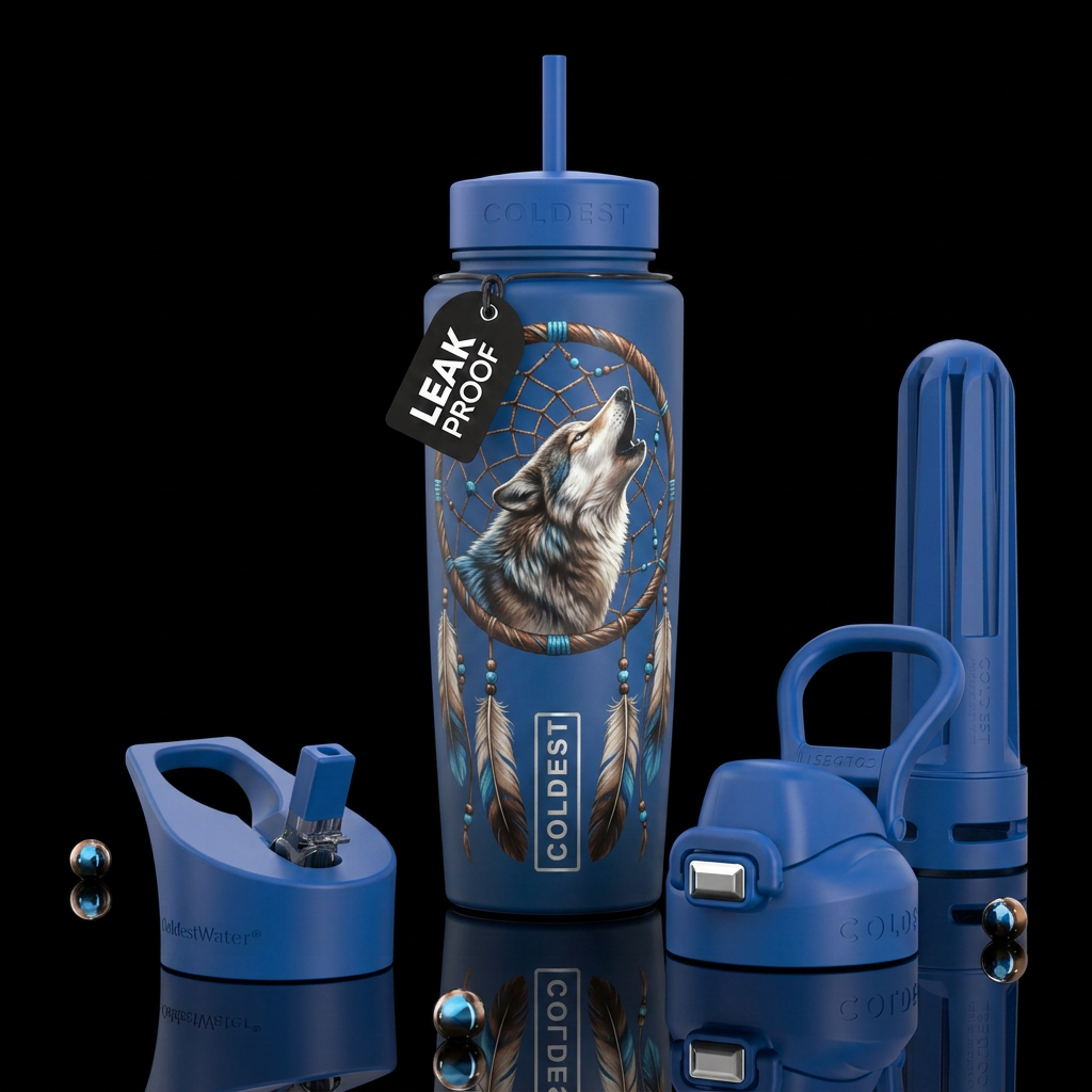 Wolf dream catcher, brown, blue water bottle design