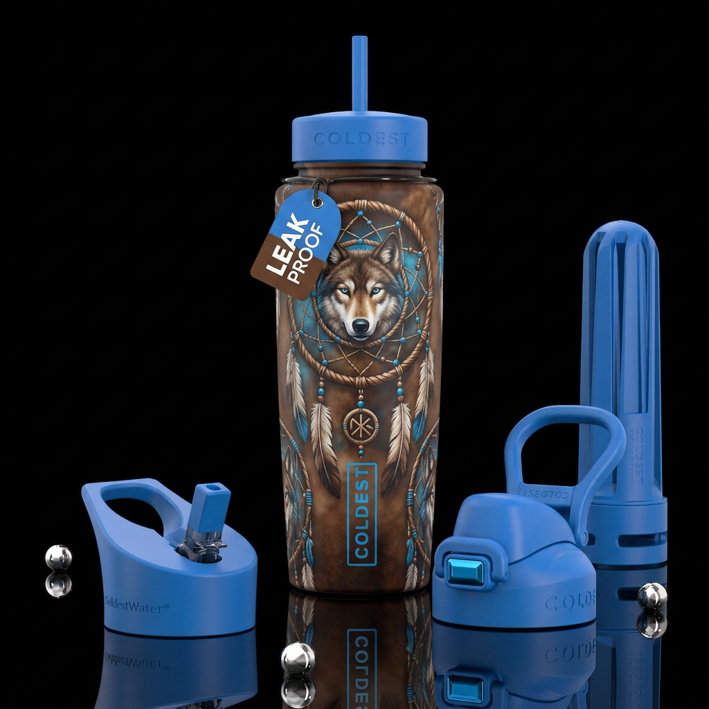 Wolf dream catcher, brown, blue water bottle design