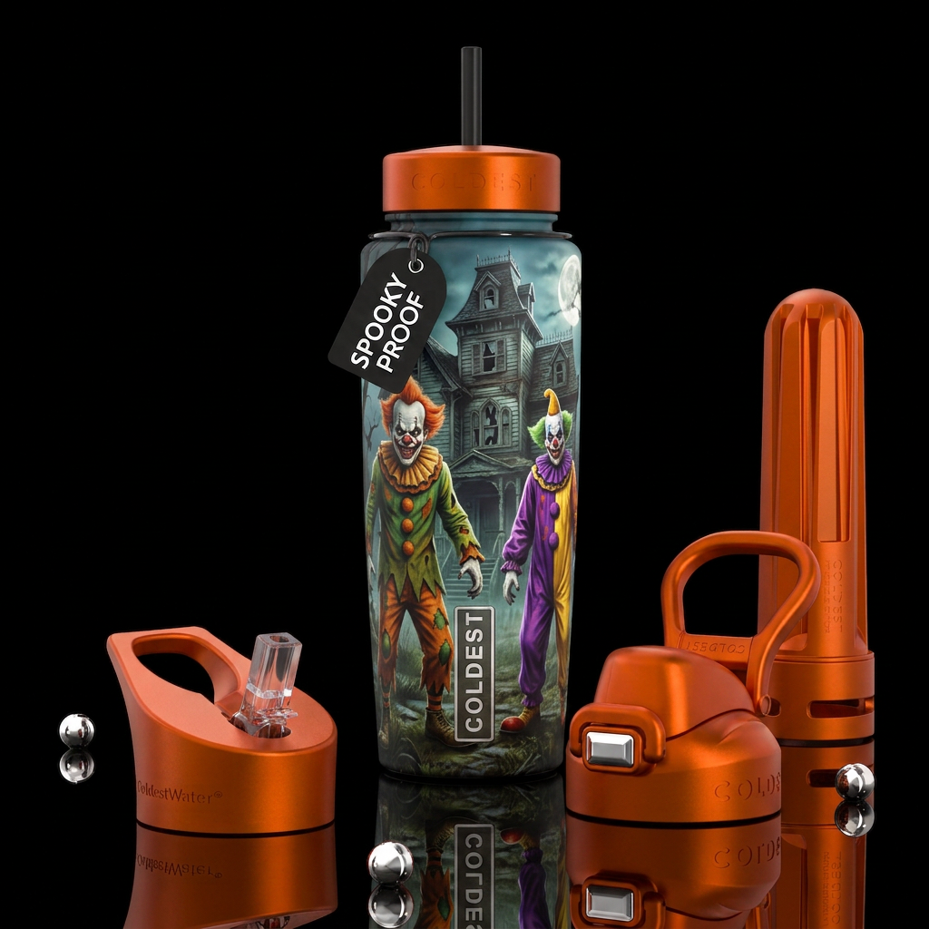 Halloween, 2 scary clowns in front of a haunted ho... water bottle design