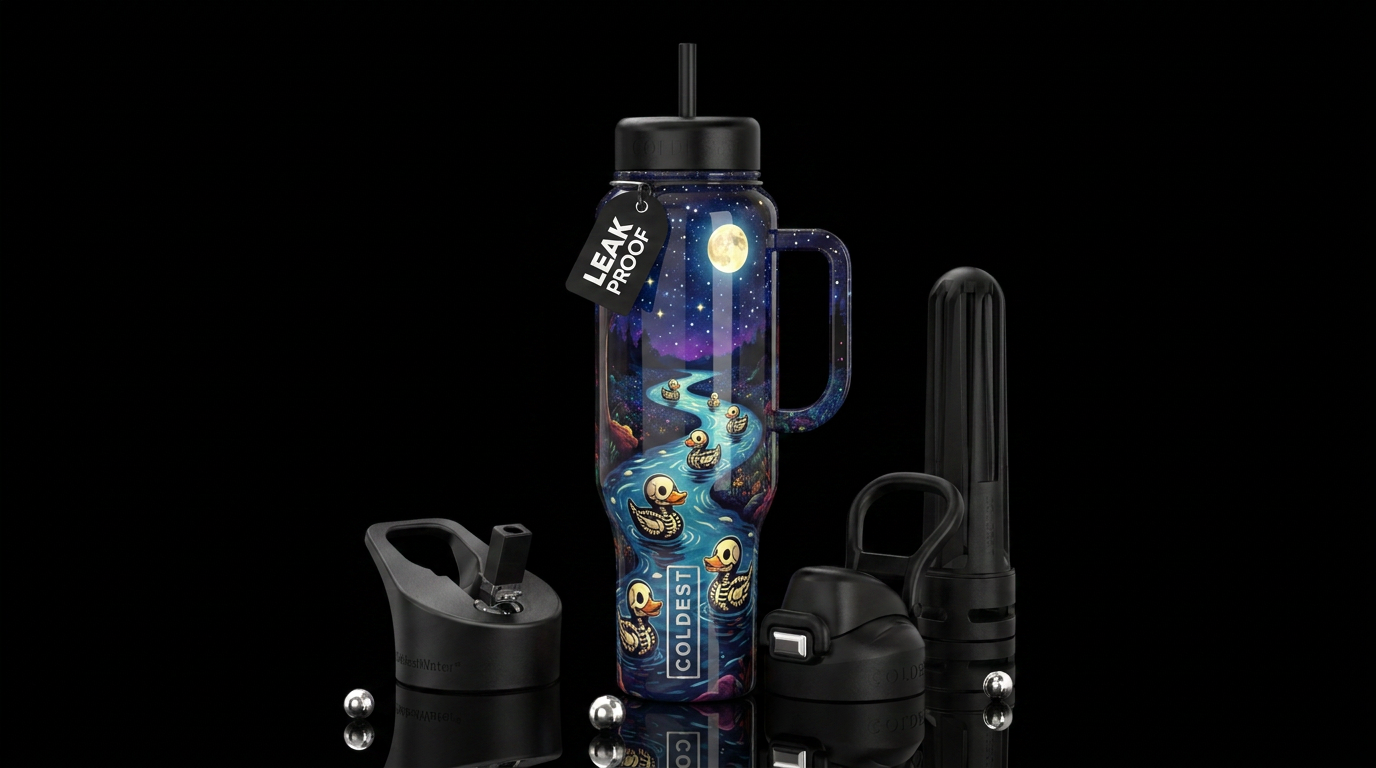 Night, stars, full moon, Stream with skeleton rubb... water bottle design