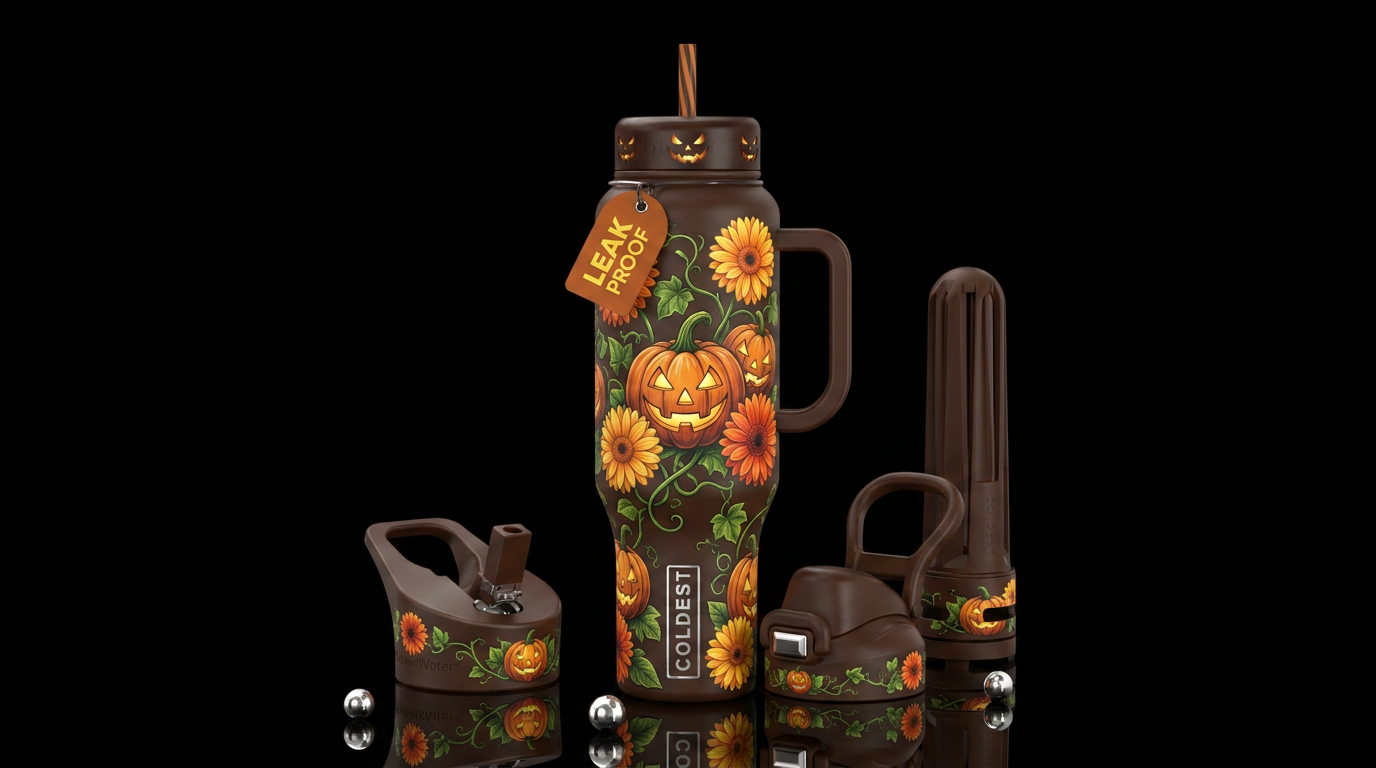 Dark brown bottle, jack-o-lanters, green vines, or... water bottle design
