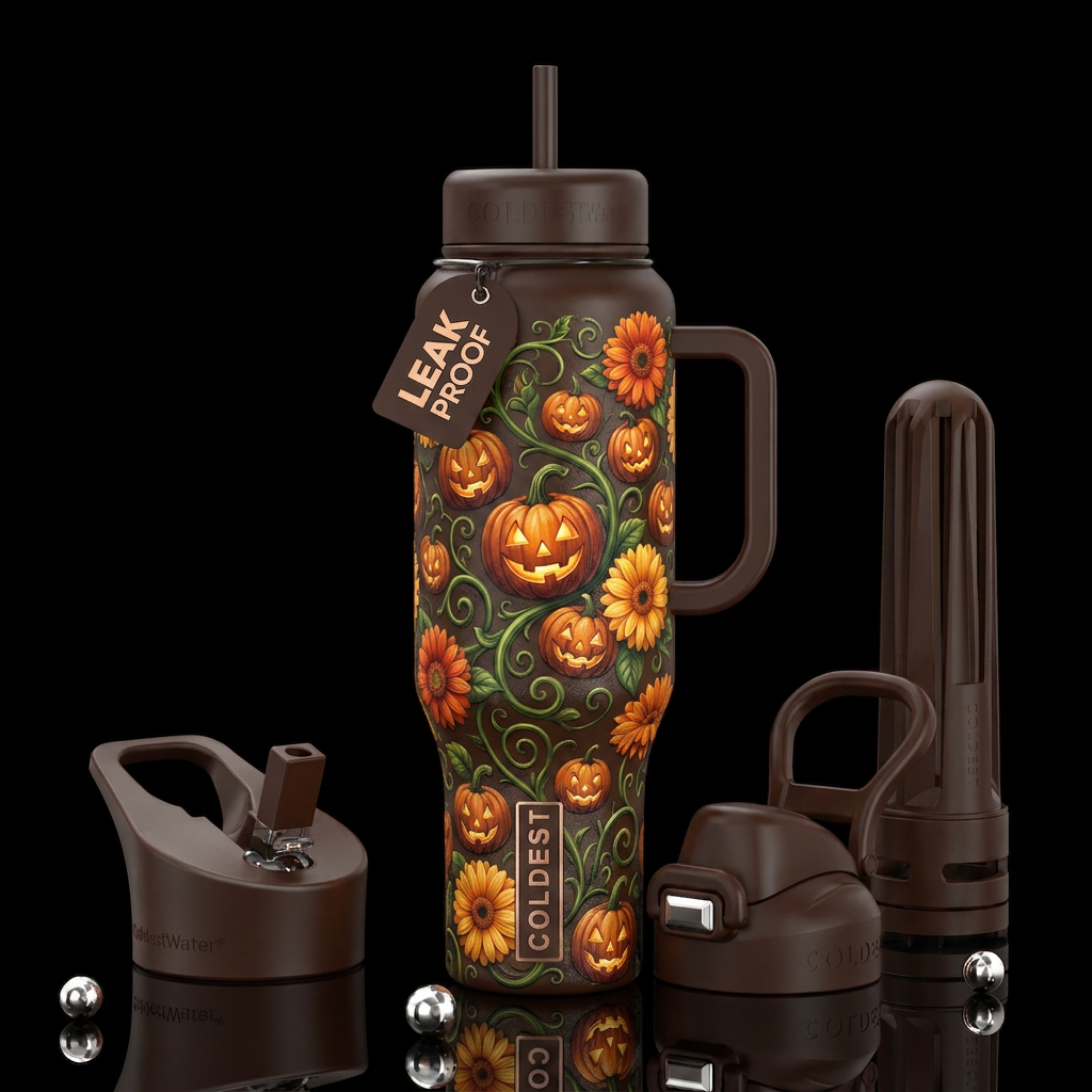 Dark brown bottle, jack-o-lanters, green vines, or... water bottle design