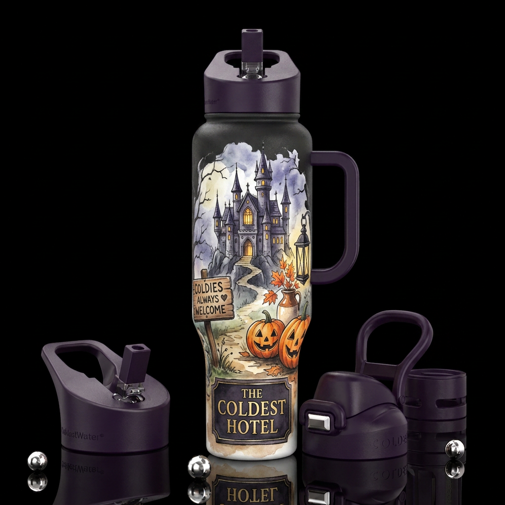 A whimsical digital illustration rendered in a wat... water bottle design
