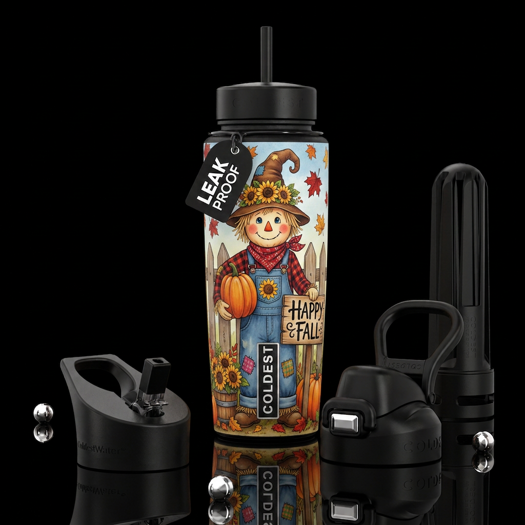 A whimsical digital illustration in a storybook fo... water bottle design