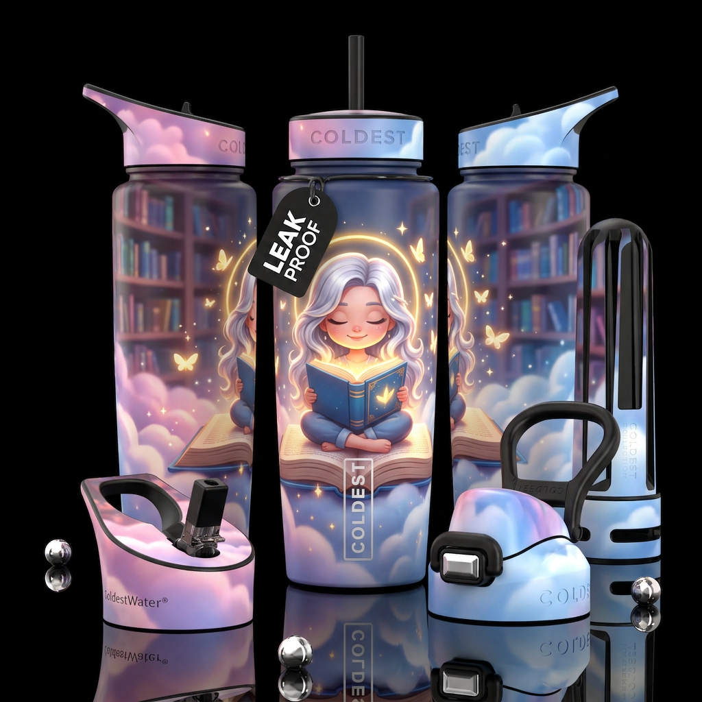Show the front and back of the bottle. A digital i... water bottle design