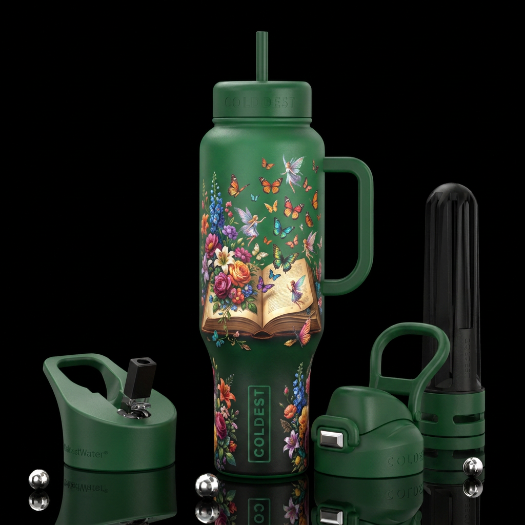 An open book, flowers on both sides,butterflies an... water bottle design