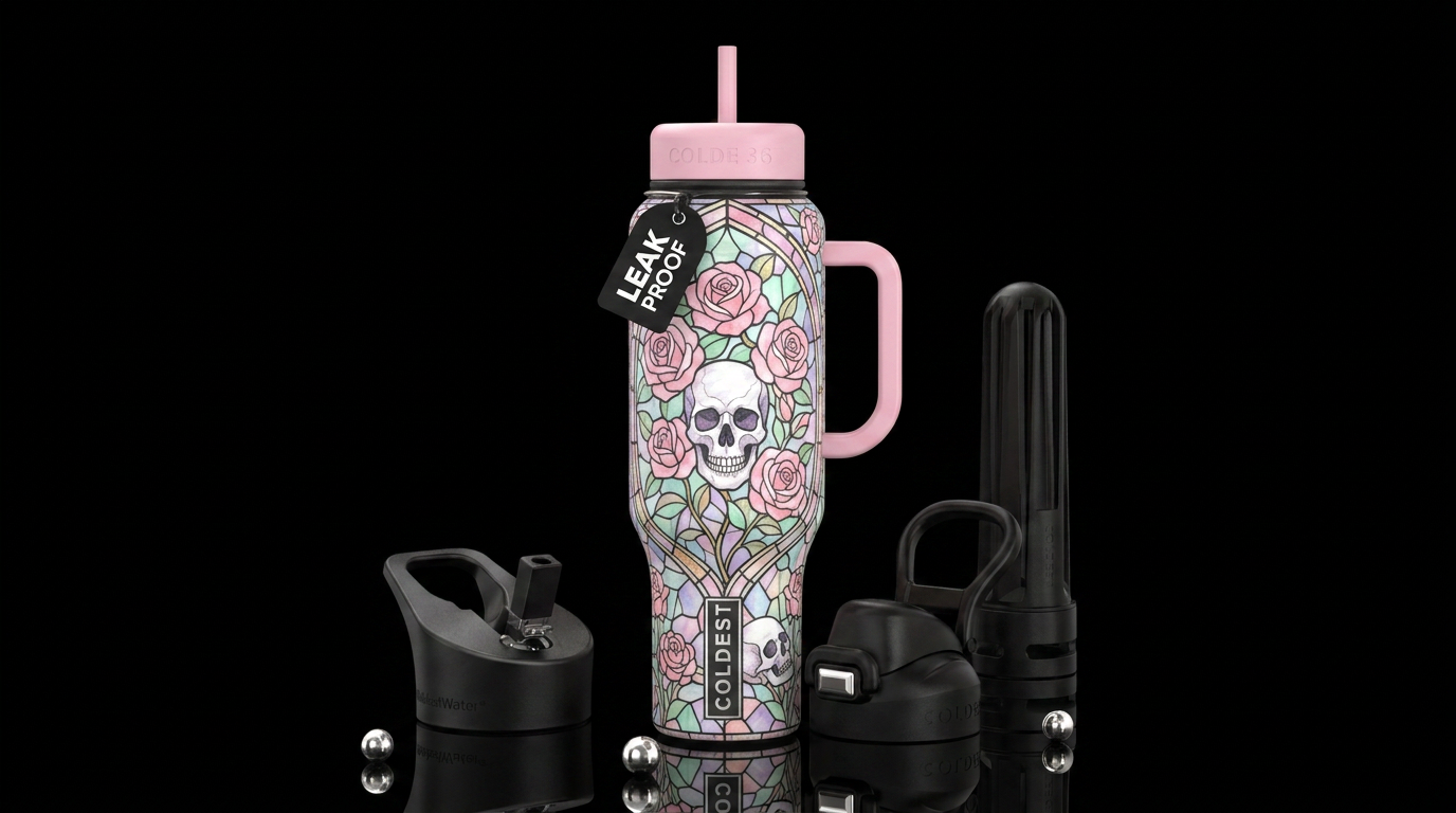 Pastel stained glass, pink roses, white skull water bottle design