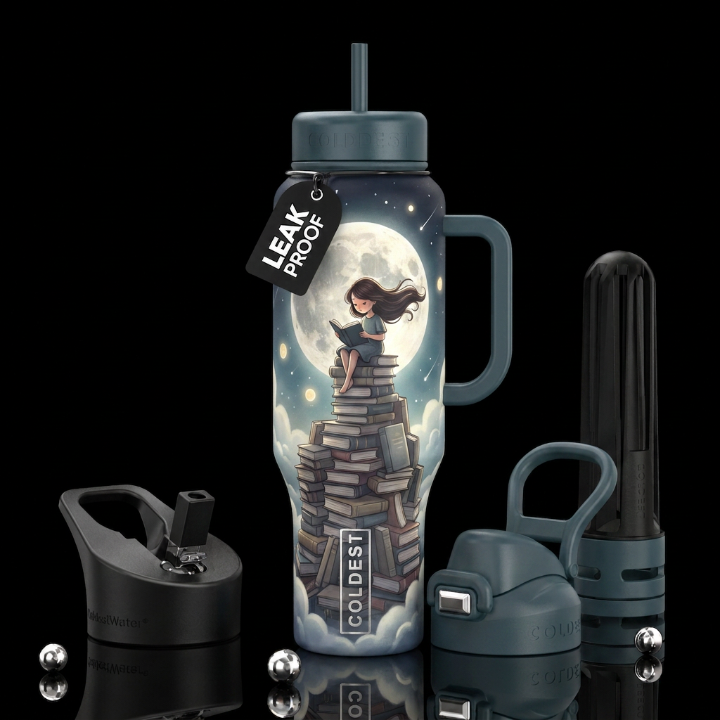 A whimsical digital illustration in a soft, storyb... water bottle design