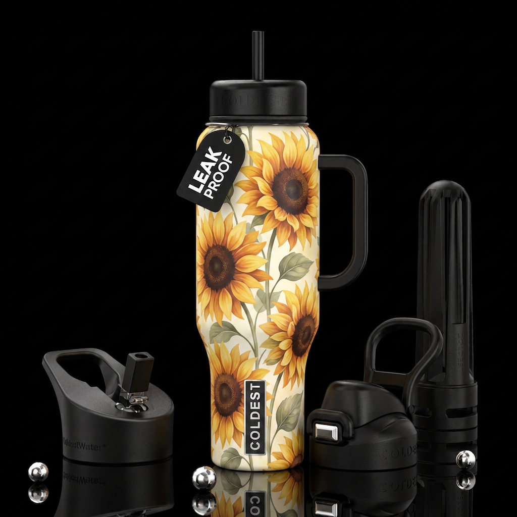 A vertical digital illustration depicting a vibran... water bottle design