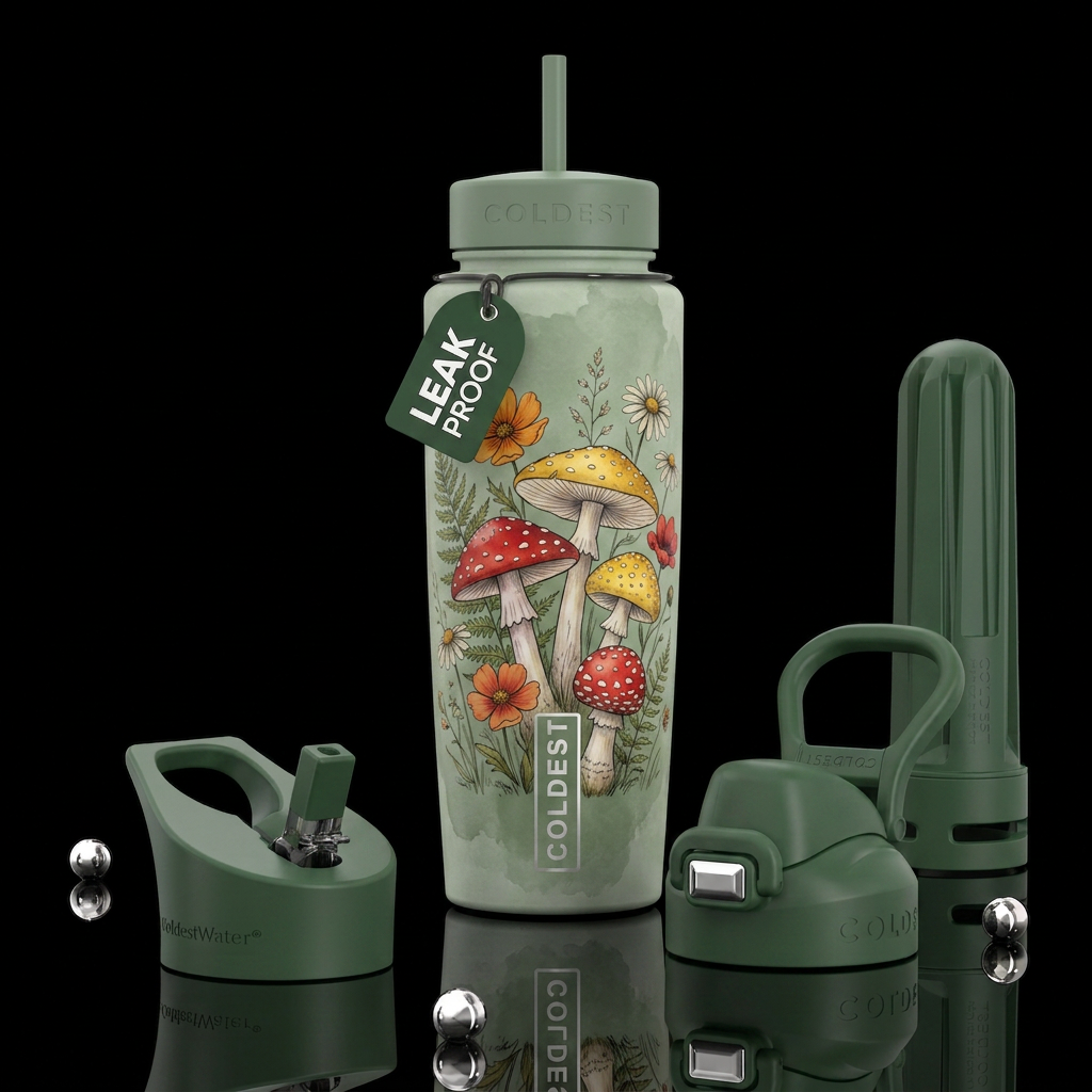 Whimsical botanical illustration of a cluster of m... water bottle design