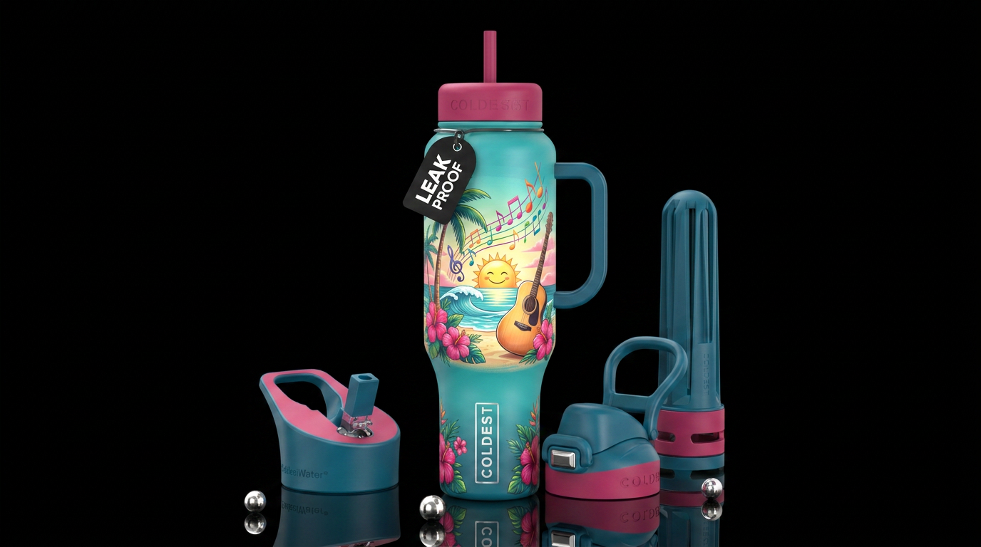 Palm trees, pink flowers, beach, waves, sun, guita... water bottle design