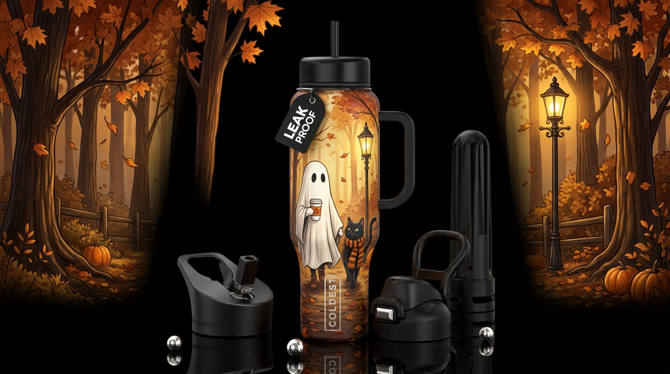 A cozy whimsical autumn scene of a small friendly ... water bottle design