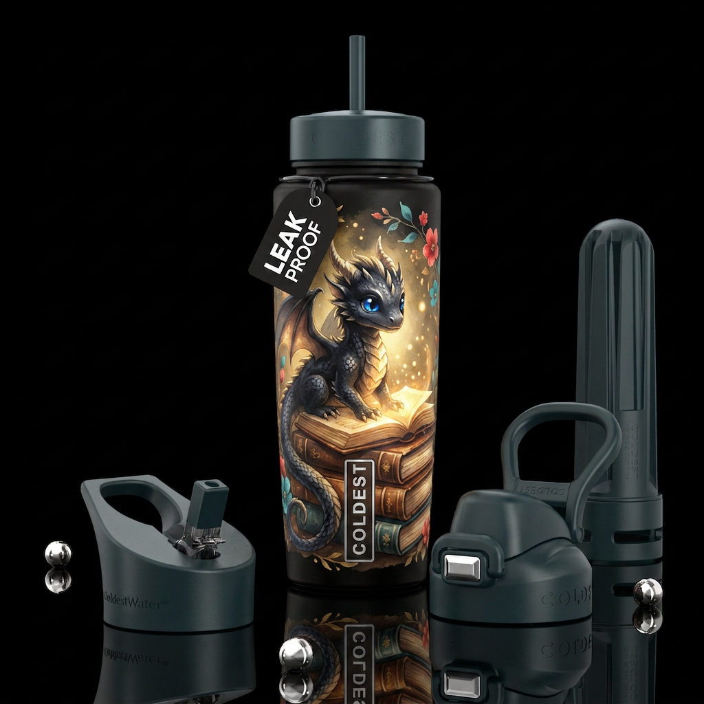 Adorable baby black dragon with glossy cobalt-blue... water bottle design