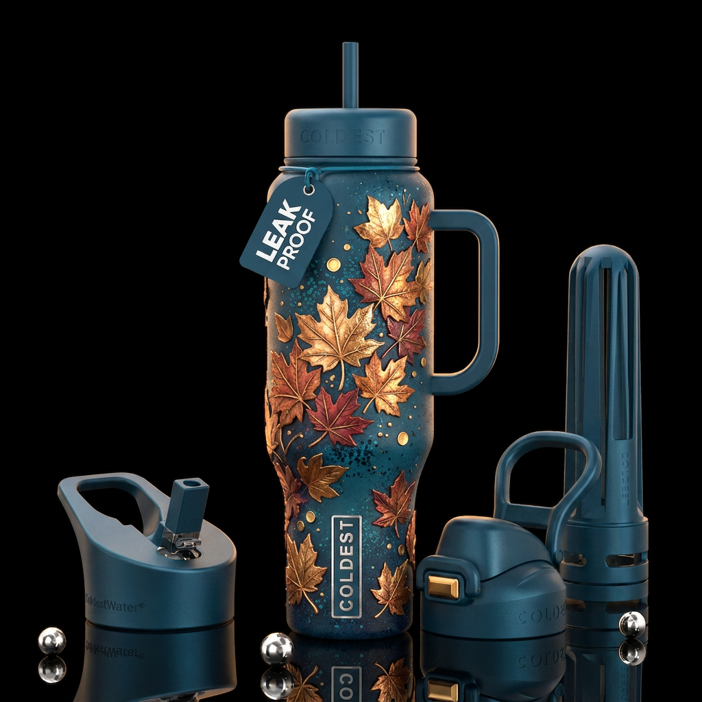 Ornate top-down composition of small sized layered... water bottle design