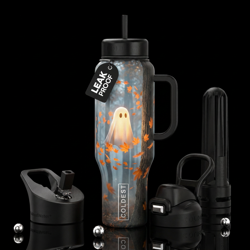 A whimsical translucent small ghost hovering in a ... water bottle design