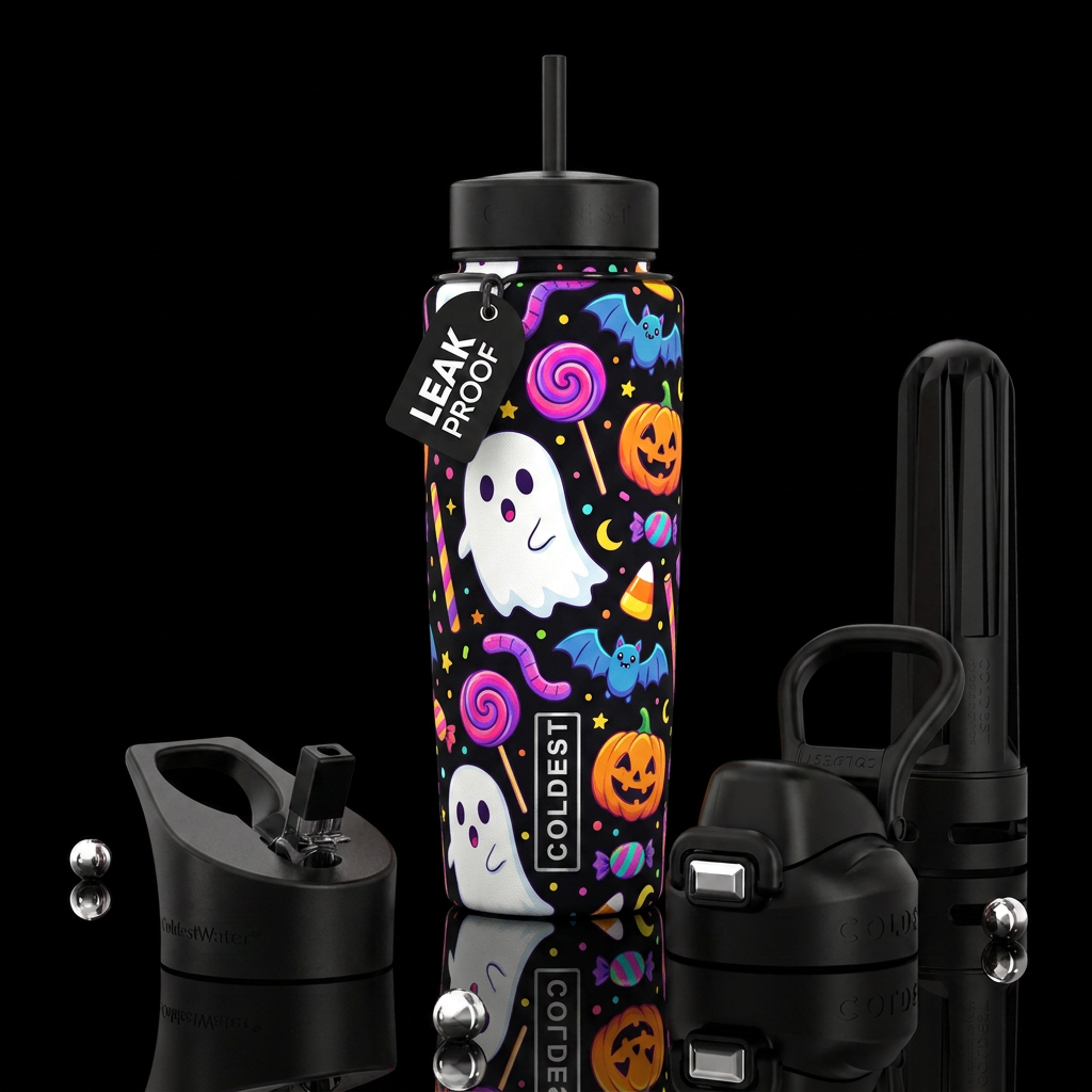 Seamless Halloween-themed textile pattern on a dee... water bottle design