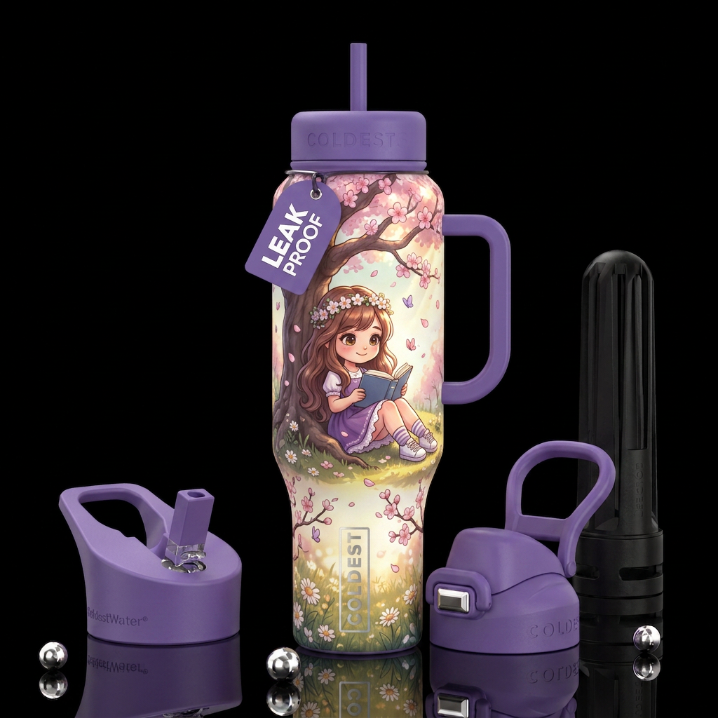A whimsical, high-detail illustration of a young g... water bottle design