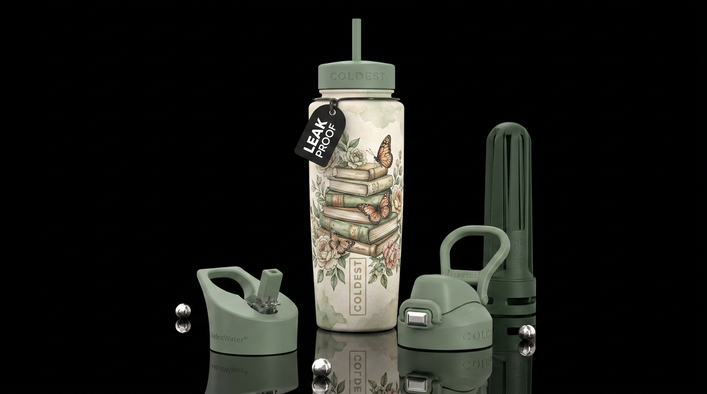 Vertical poster composition featuring a stacked pi... water bottle design