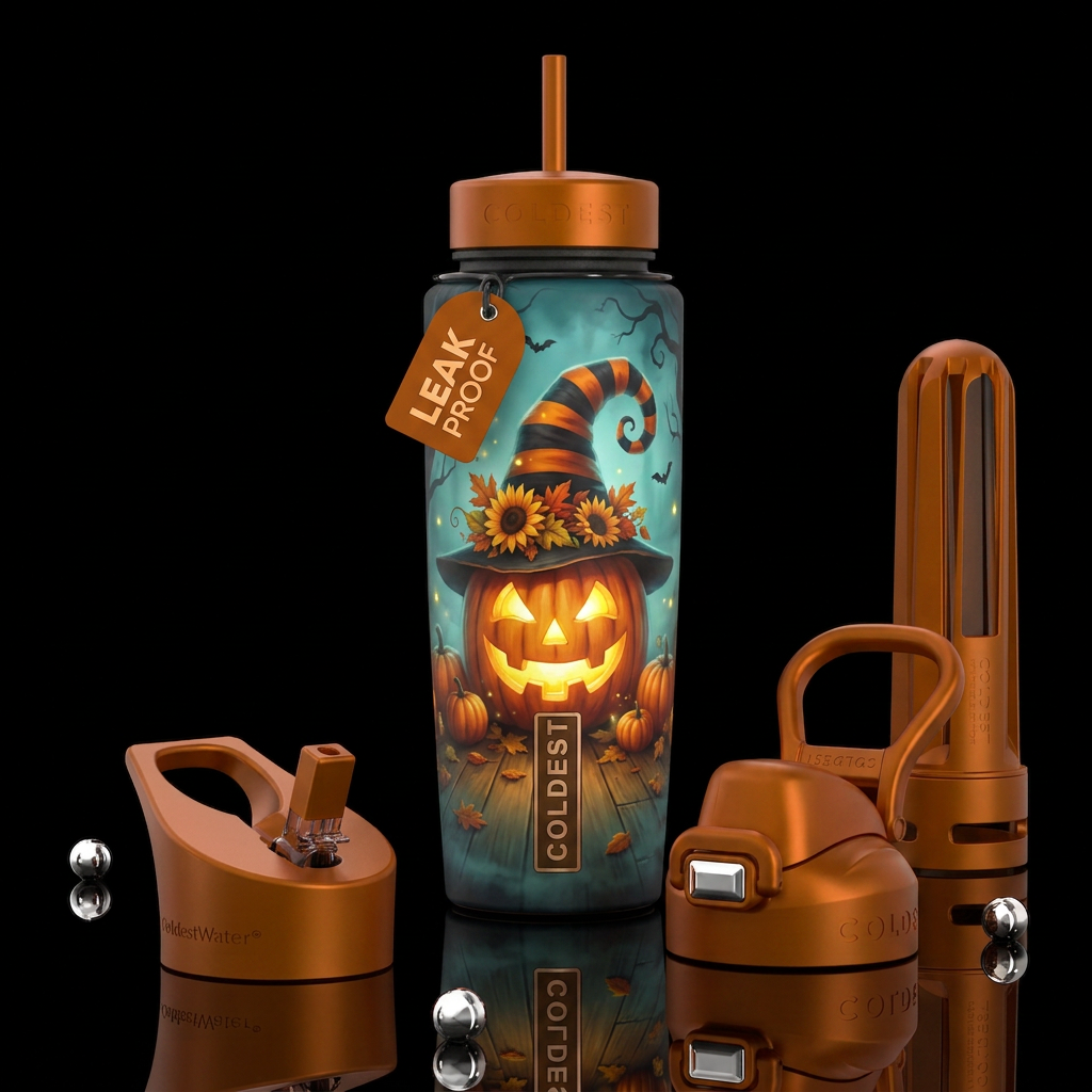 A whimsical, high-detail digital painting of a glo... water bottle design