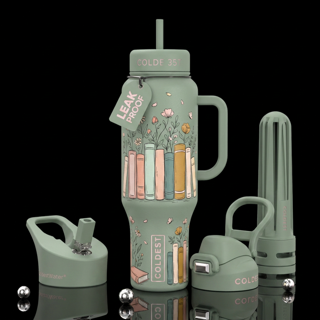 Whimsical hand-drawn illustration of a row of book... water bottle design