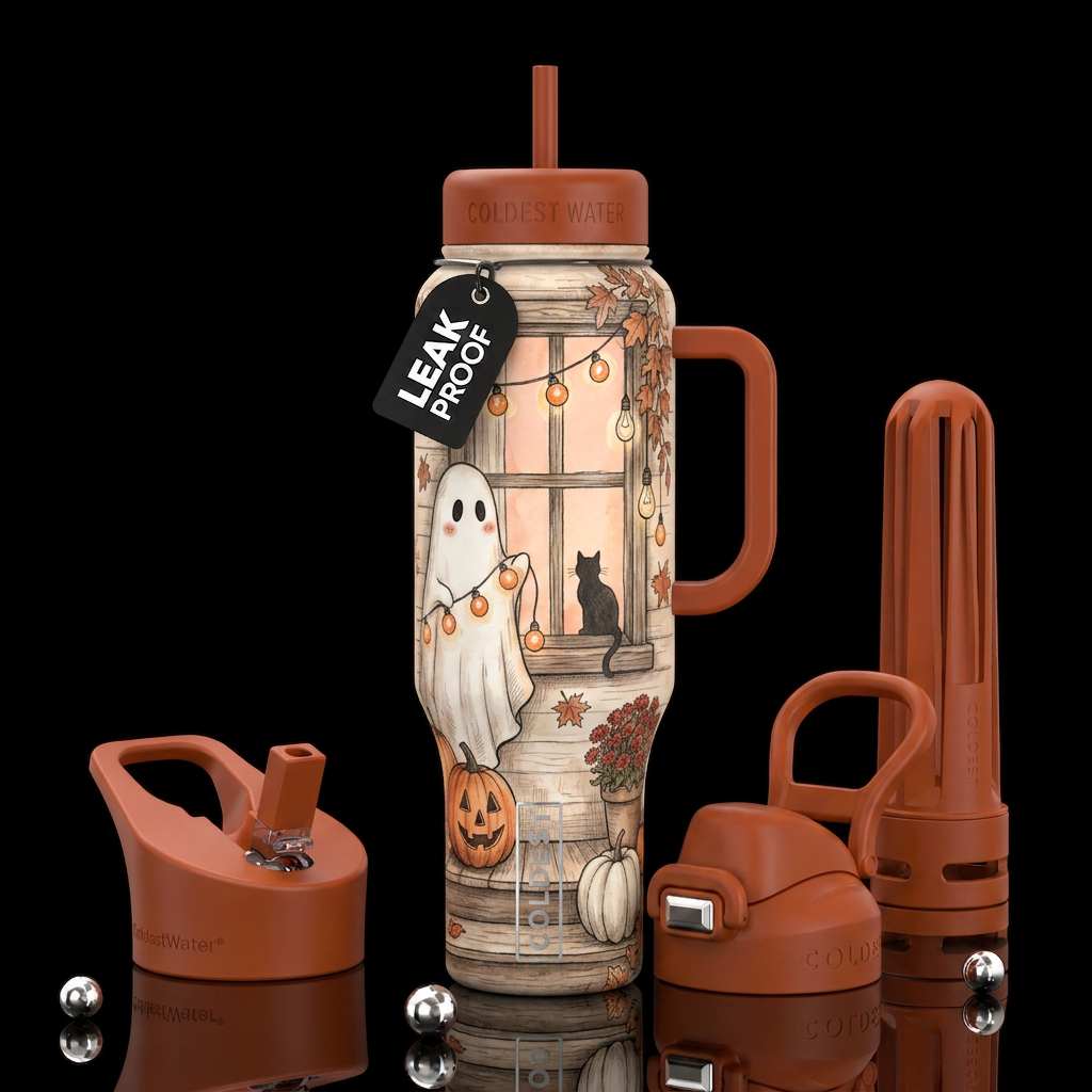 Whimsical autumnal illustration of a cozy front po... water bottle design