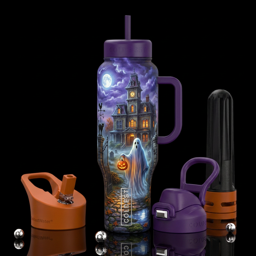 Moonlit Victorian haunted mansion scene at twiligh... water bottle design