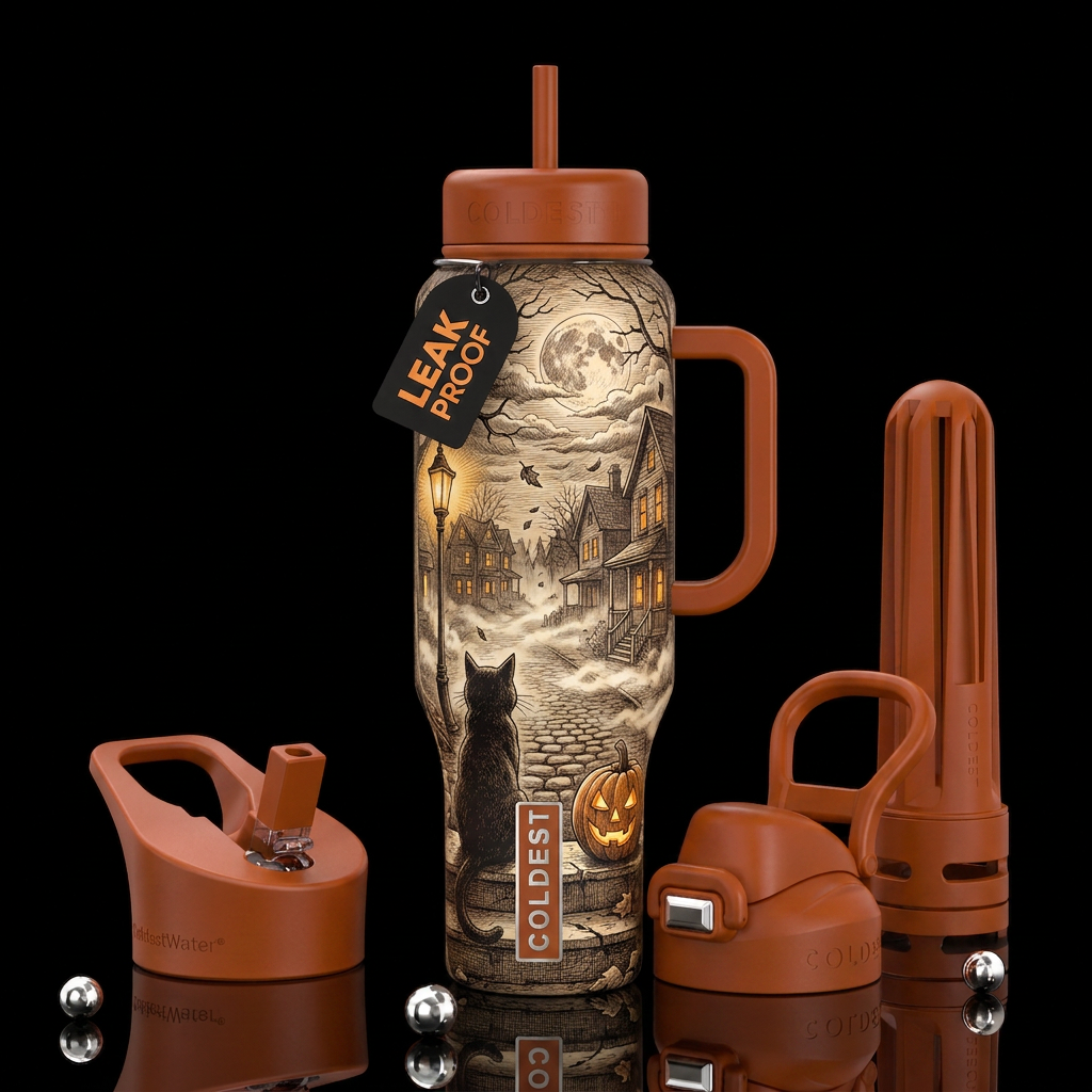 A haunting, highly detailed autumn night scene: a ... water bottle design