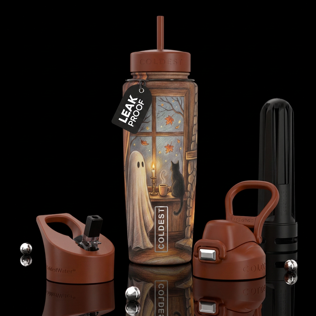 A cozy, whimsical interior scene viewed from an ey... water bottle design