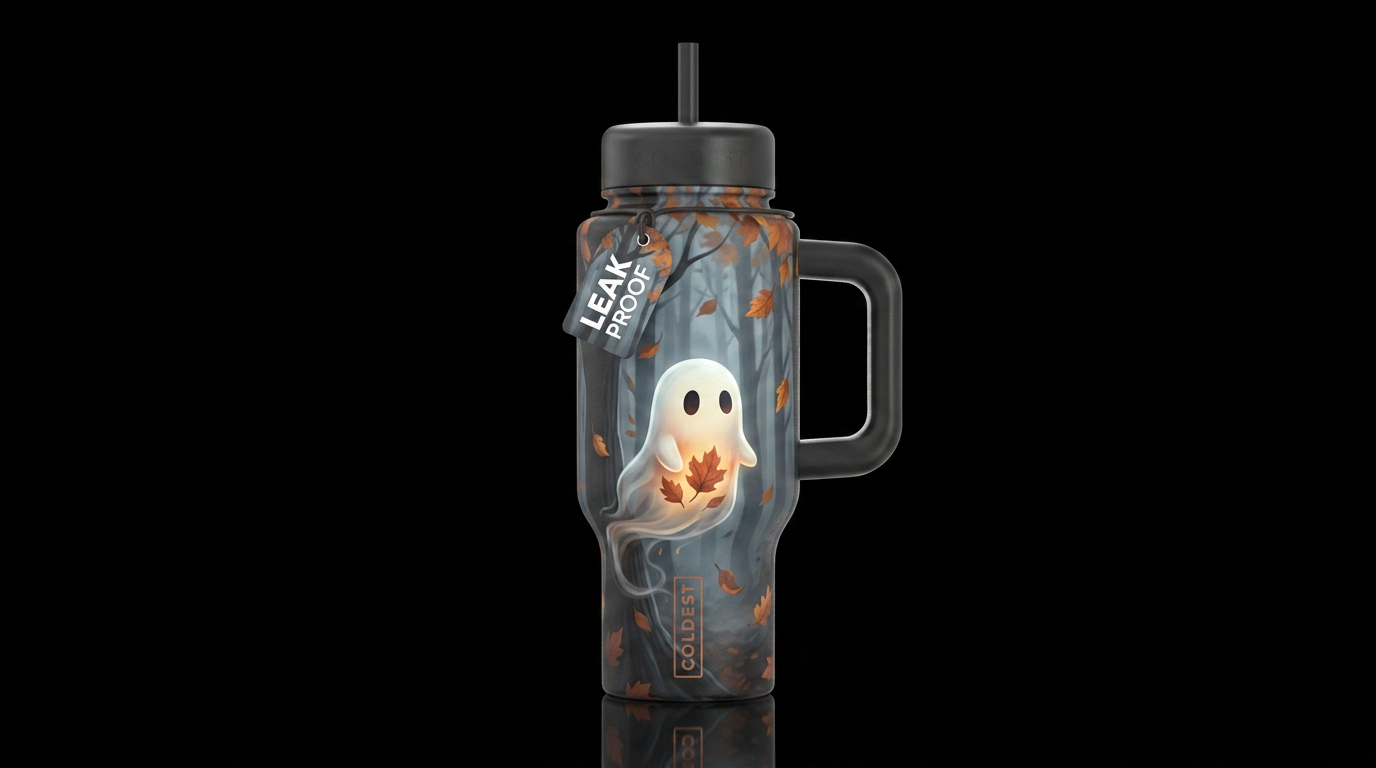 A whimsical digital illustration of a small, adora... water bottle design