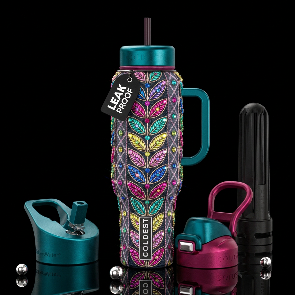 Ultra-detailed macro photograph of a vertical stri... water bottle design