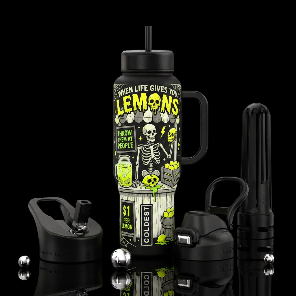 Darkly humorous Halloween lemonade-stand scene in ... water bottle design
