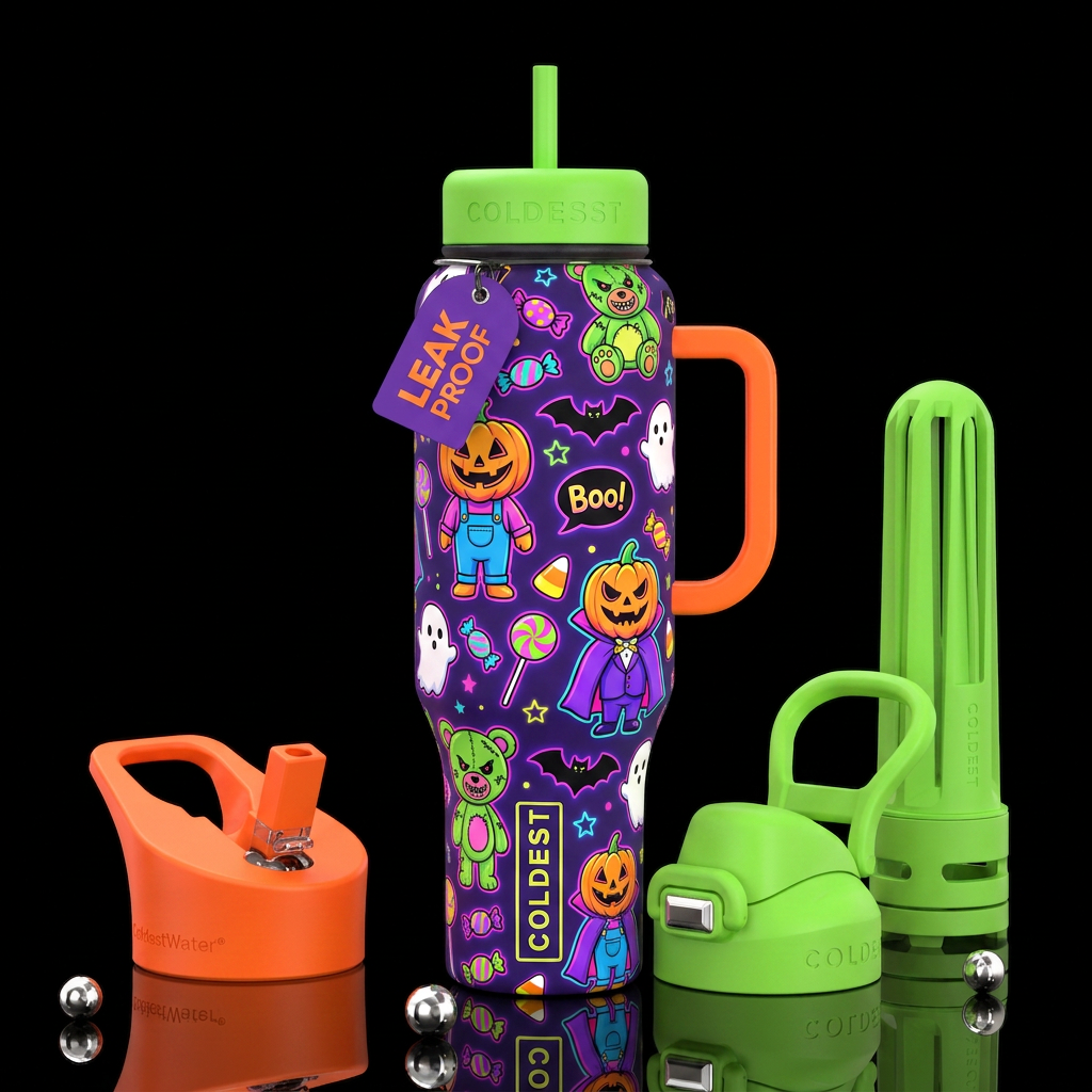 Seamless repeating Halloween pattern on a deep vio... water bottle design