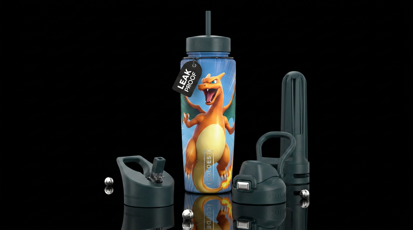 Low-angle, heroic shot of pokemon Charizard agains... water bottle design