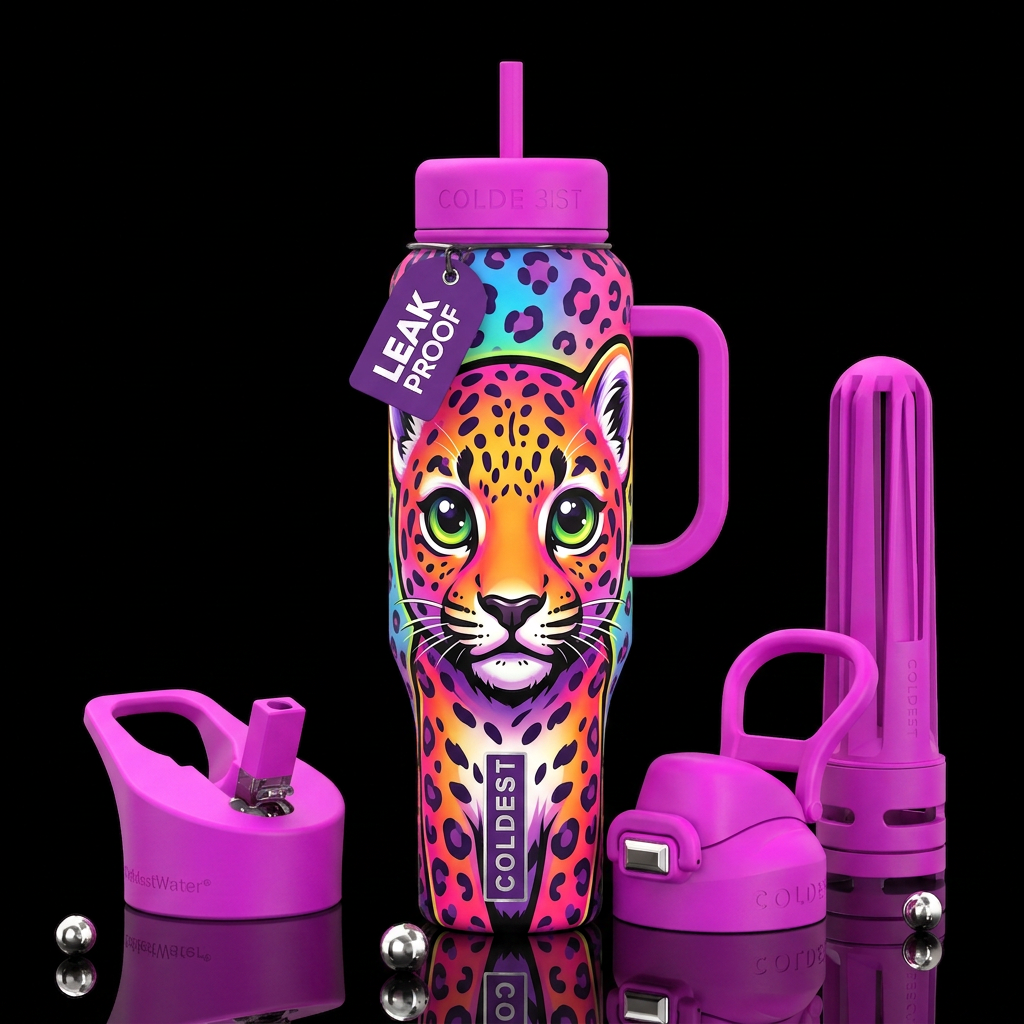 A vibrant pop-art picture of a baby leopard cub, w... water bottle design