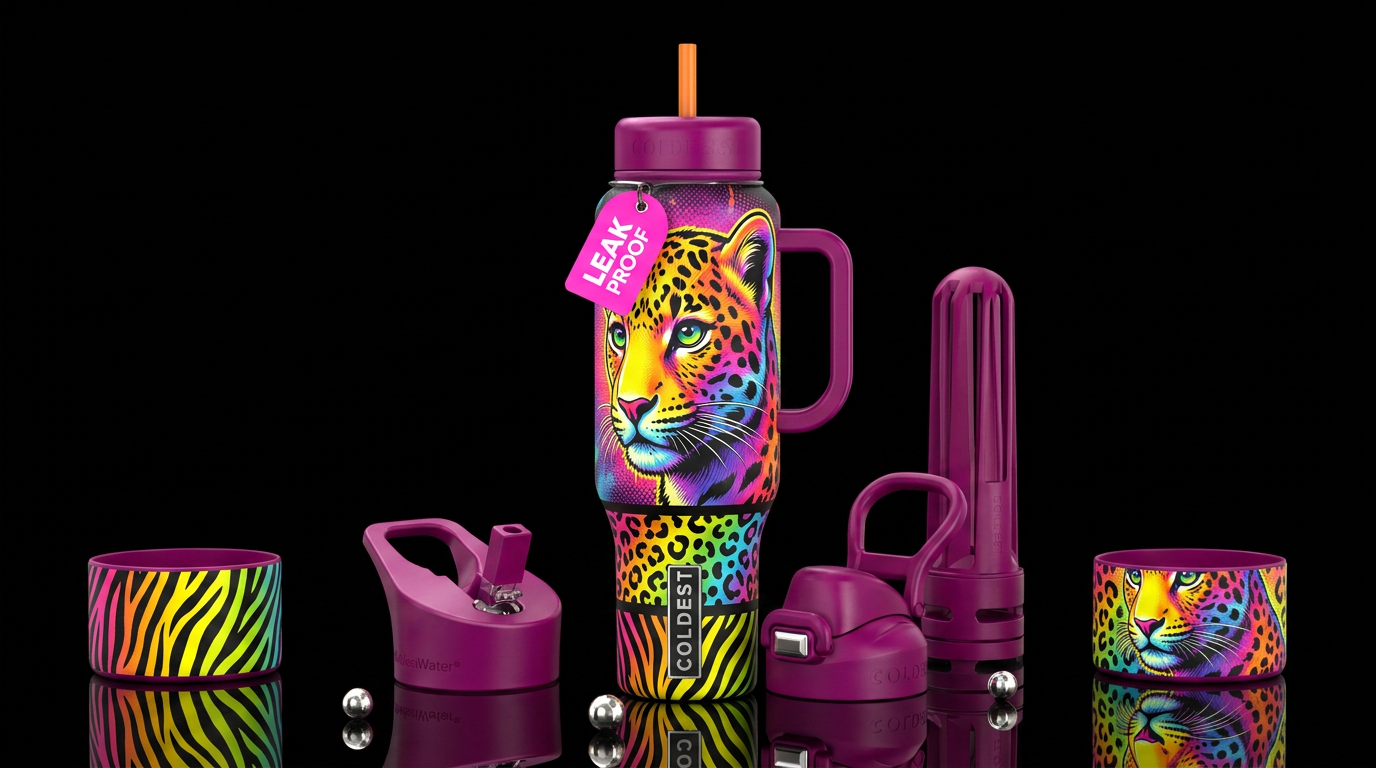 Vibrant neon rainbow leopard cub portrait, close-u... water bottle design