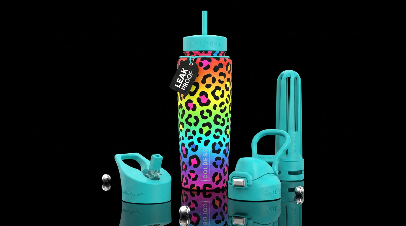 Vibrant neon rainbow leopard print wallpaper, seam... water bottle design