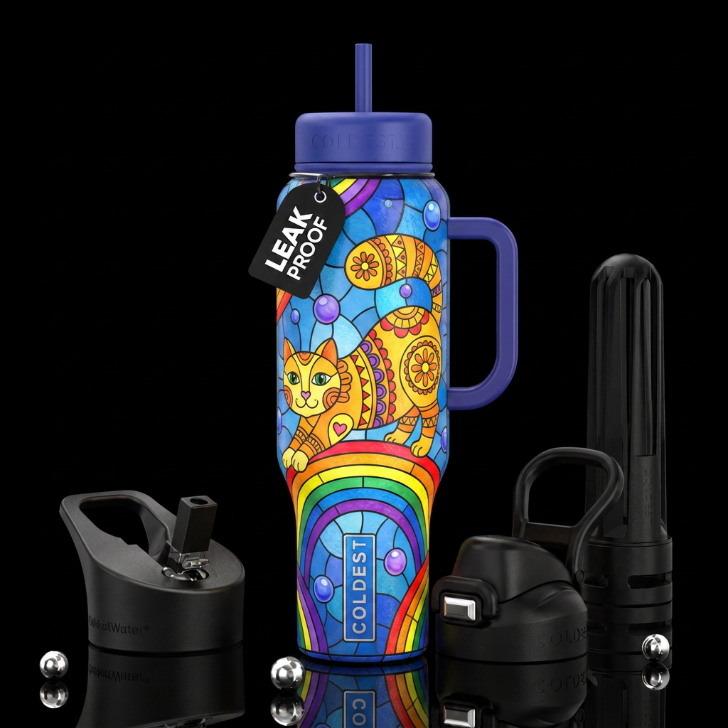 Rainbow Stained Cat water bottle design