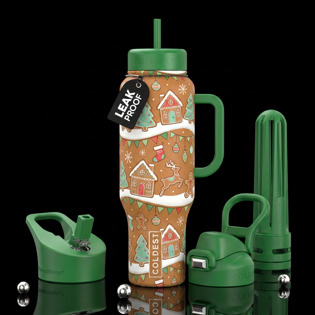 Solid green lids. Seamless vertical repeating holi... water bottle design