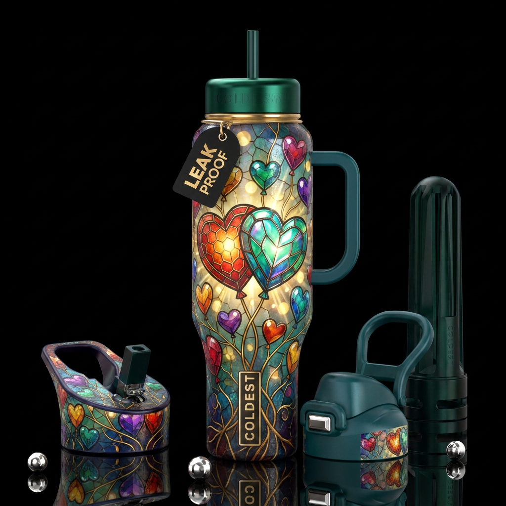 Vibrant stained-glass mosaic illustration of two i... water bottle design