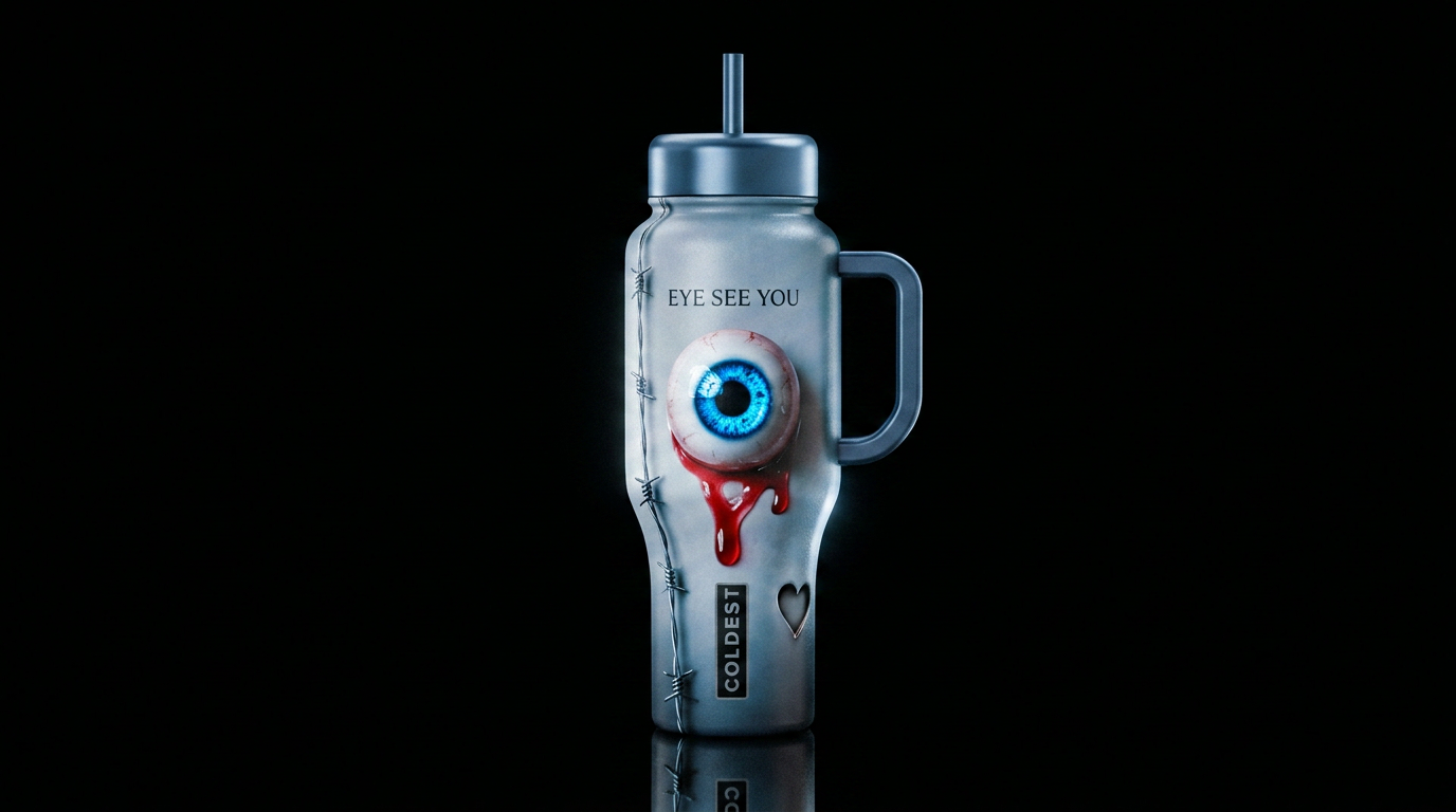 Surreal photo of a small single detached eyeball w... water bottle design